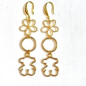 Gold Flower and Bear Dangle Earrings